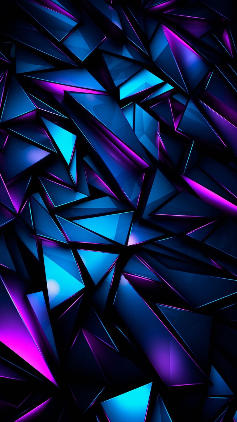 Sharp purple and blue crystal shards with glowing neon edges create a complex geometric 3D pattern in the dark.