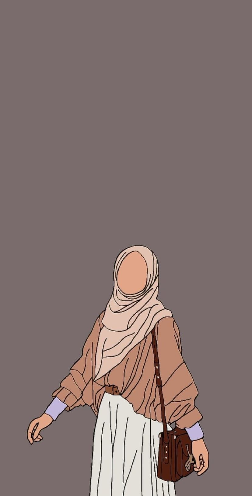 Muslim woman wearing a beige hijab, brown top, and white skirt while carrying a brown leather crossbody bag.