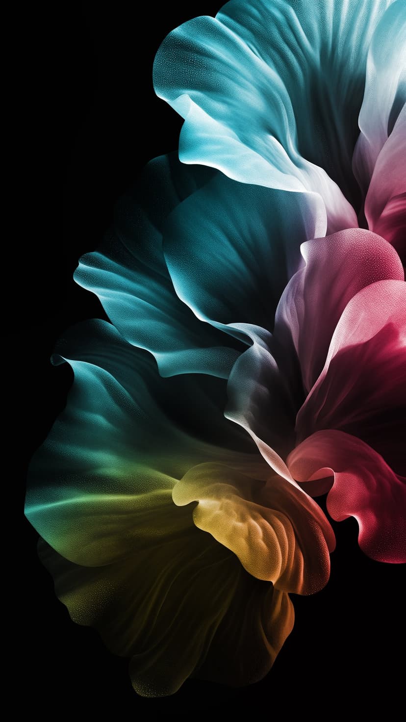 Luminous multicolored petal shapes with soft gradients of blue and pink floating on a solid black background.