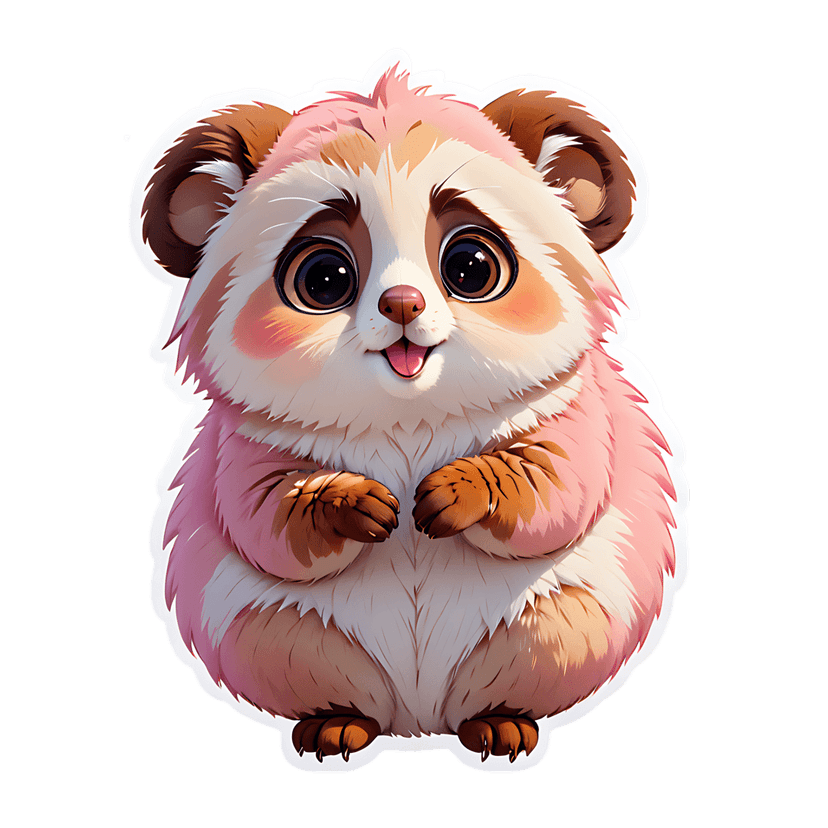 Pink panda sticker with fluffy fur, brown paws, and a white outline features a front-facing glossy cartoon style.