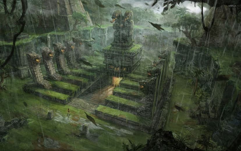 Explorer standing before a mossy stone temple with snake statues in a dense rainy jungle landscape.