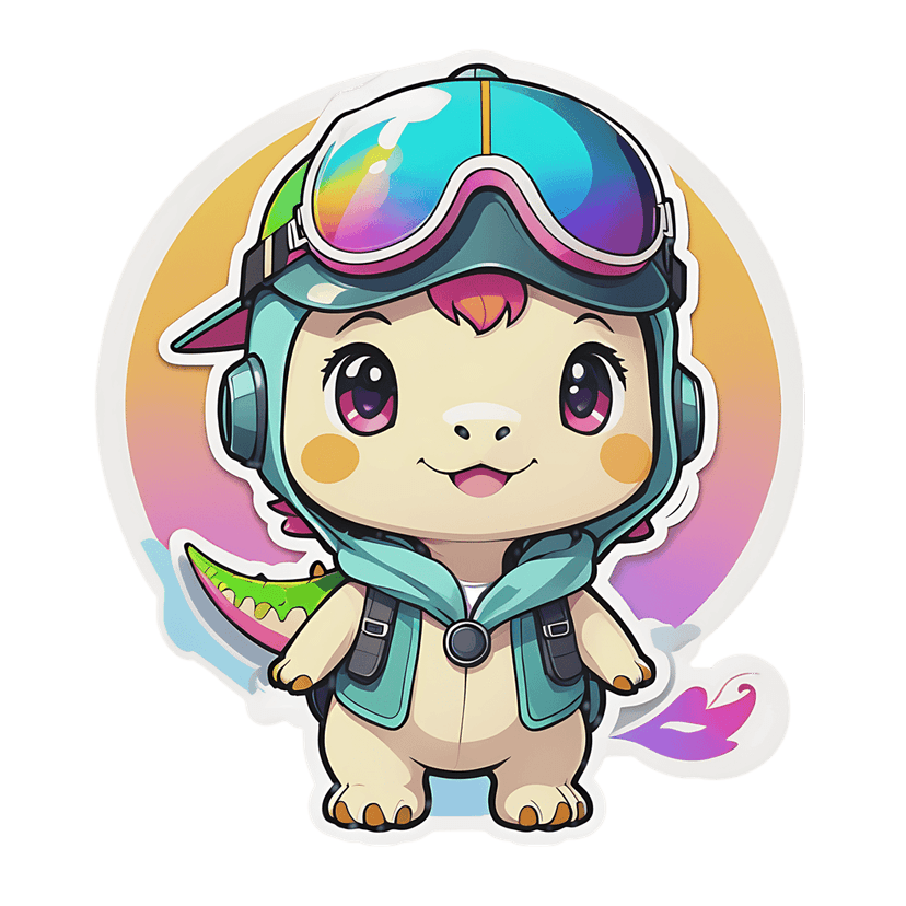 Teal dinosaur sticker wearing a hooded jacket and rainbow goggles against a pink and orange gradient circle.