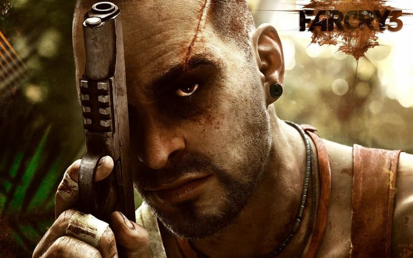 Close up of Vaas Montenegro holding a handgun with a scarred face against a blurred jungle background.