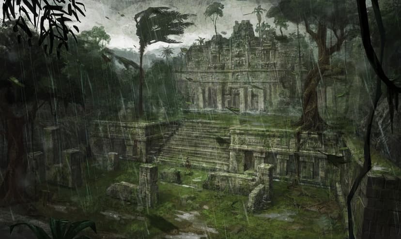 Ancient stone temple ruins overgrown with moss during a heavy rainstorm in a dark tropical jungle setting.