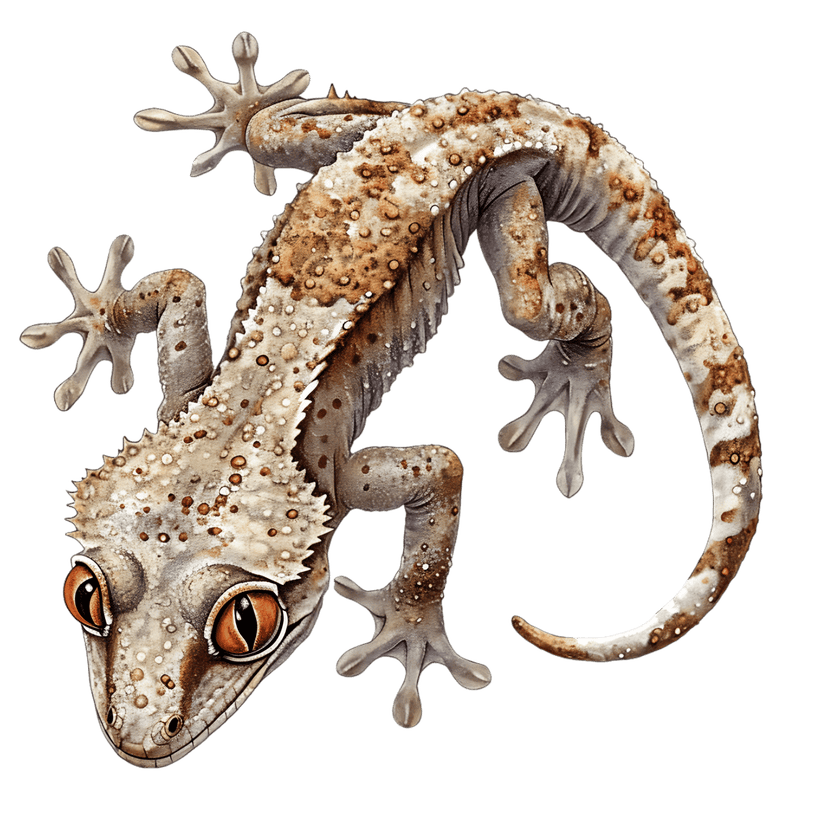 Crested gecko with orange eyes and textured tan skin showing prominent dorsal ridges and splayed toes.