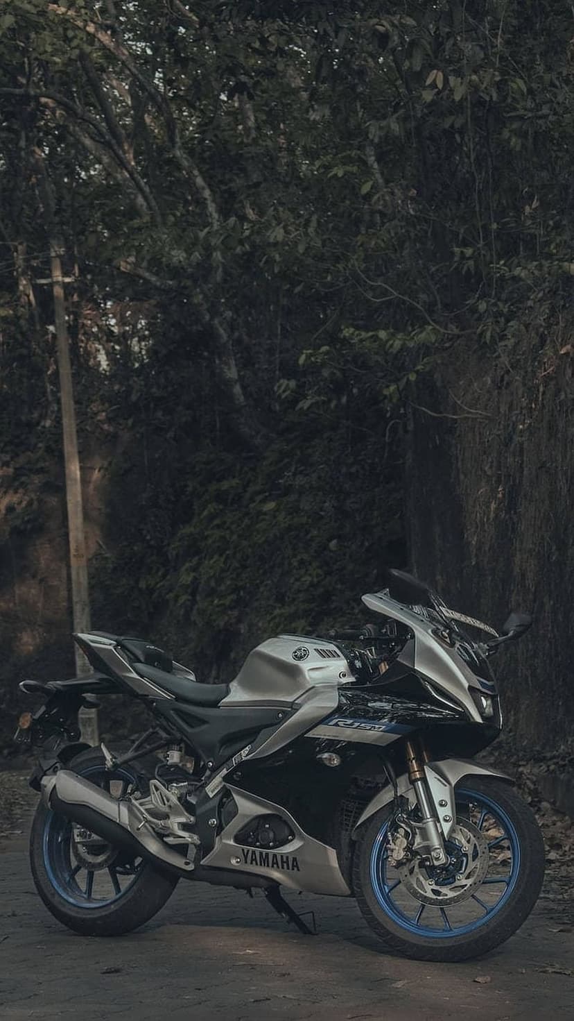 Yamaha R15 sportbike with blue wheel trim parked on a dirt trail surrounded by deep green tropical foliage.