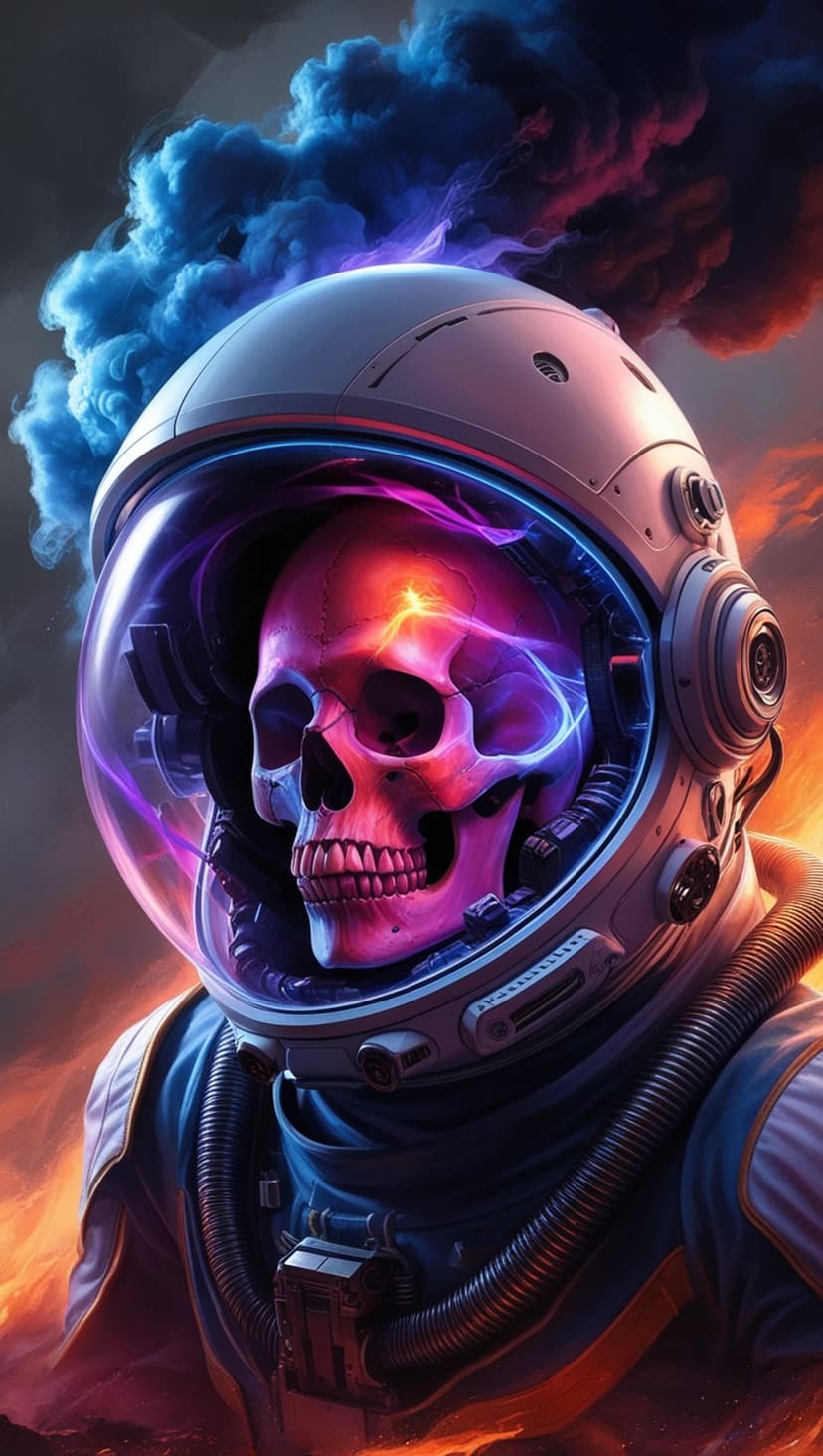Human skull inside a cracked astronaut visor surrounded by swirling orange and purple cosmic gas clouds.