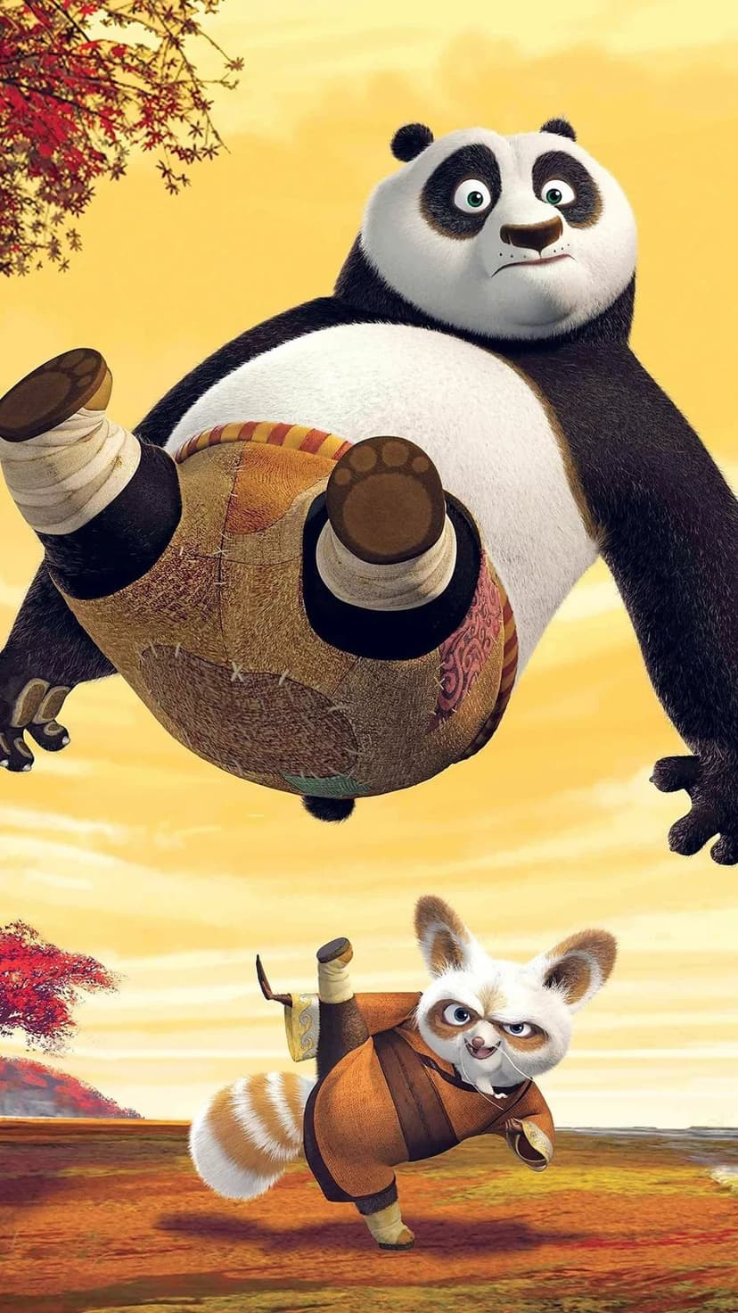 Po the panda leaps through the air above Master Shifu against a glowing orange sunset and autumn leaves.