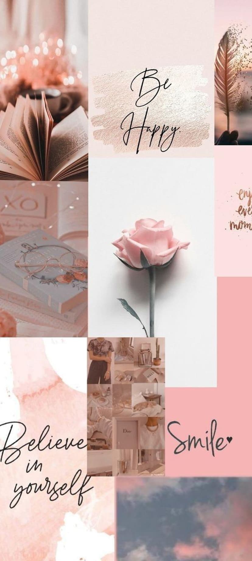 Pink roses, open books, and motivational text cards form a vertical aesthetic collage with soft lighting.