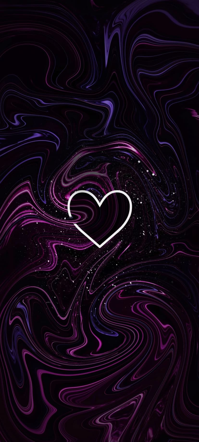 White heart outline drifts through swirling purple and pink cosmic nebulae dotted with tiny glowing stars.