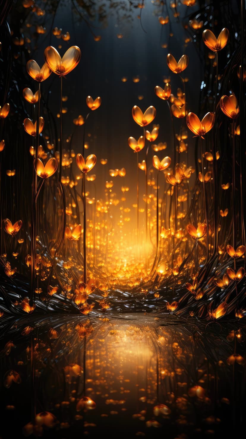 Glowing orange heart flowers illuminate a dark forest with golden reflections on a watery surface at night.