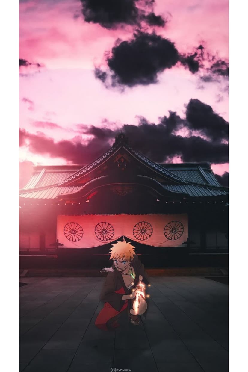 Naruto Uzumaki stands in a fighting stance with glowing hands before a Japanese temple during a purple sunset.