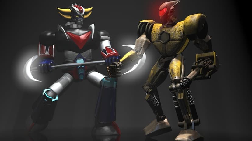 Grendizer holding a dual-blade staff facing a rusty yellow battle robot in a dark cinematic studio.