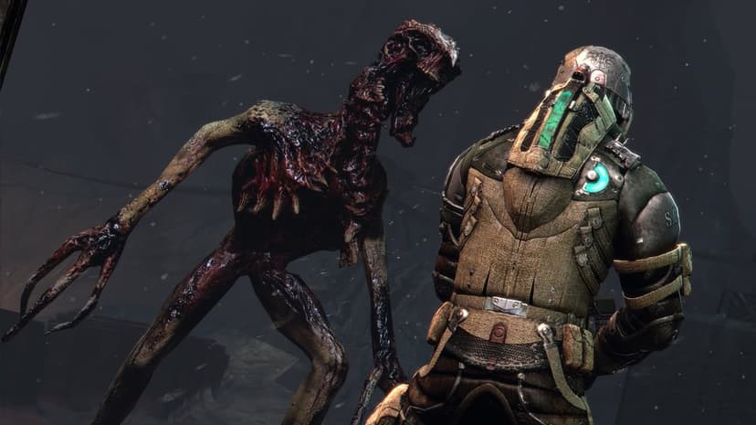 Isaac Clarke in a winter suit stands near a screaming Necromorph in a dark, snowy sci-fi horror scene.
