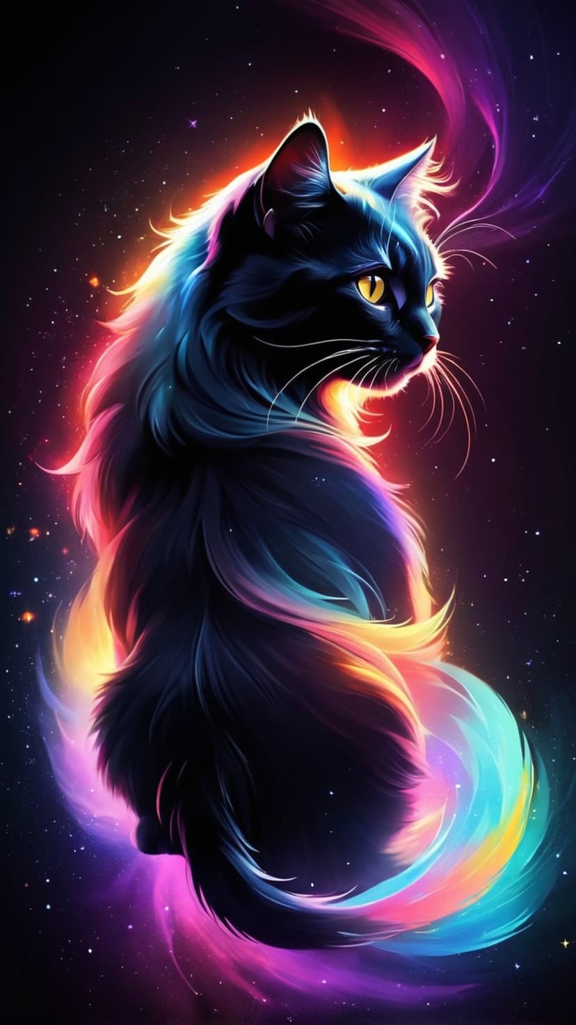 Black cat with glowing yellow eyes and a flowing mane made of colorful galaxy stars and a rainbow nebula tail.
