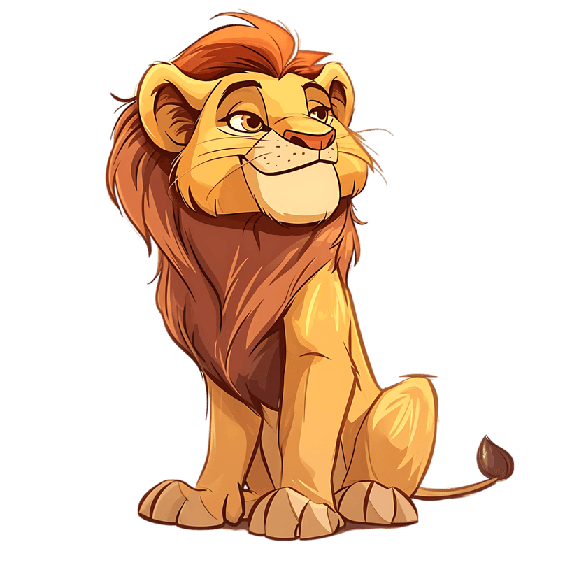 Cartoon lion cub with orange fur and a yellow mane sits confidently against a transparent background.