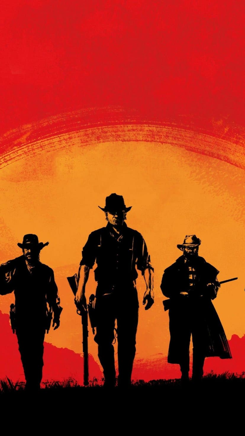 Three silhouetted cowboys with rifles stand against a large orange sun and a textured deep red background.