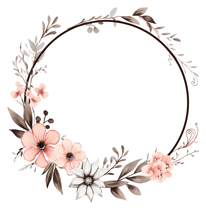 Muted floral circle frame featuring hand-drawn botanical sketches and earthy petals in a rustic vintage style.