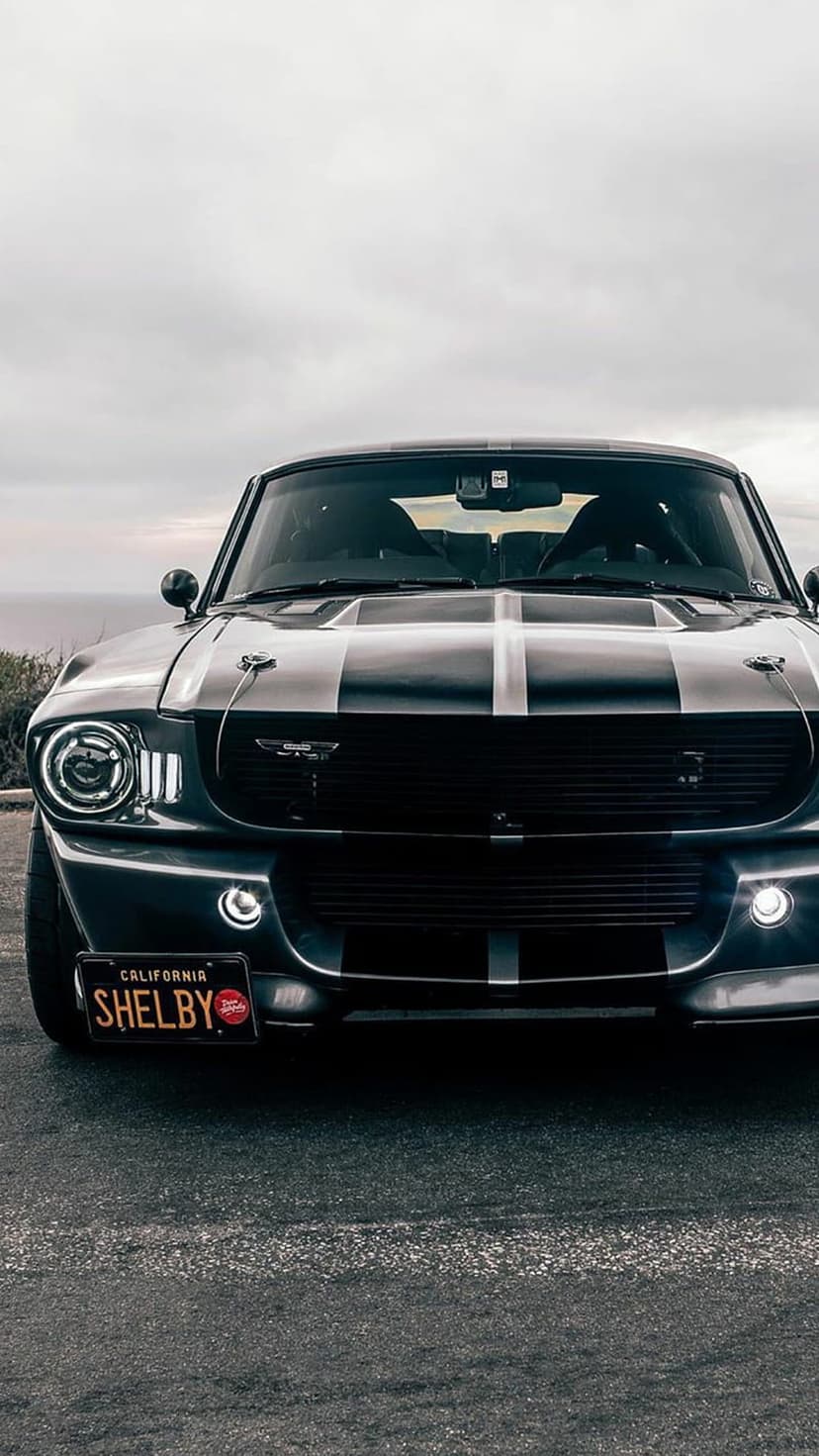 Shelby Mustang GT500 with racing stripes parked on a coastal cliffside under a moody, overcast Pacific sky.