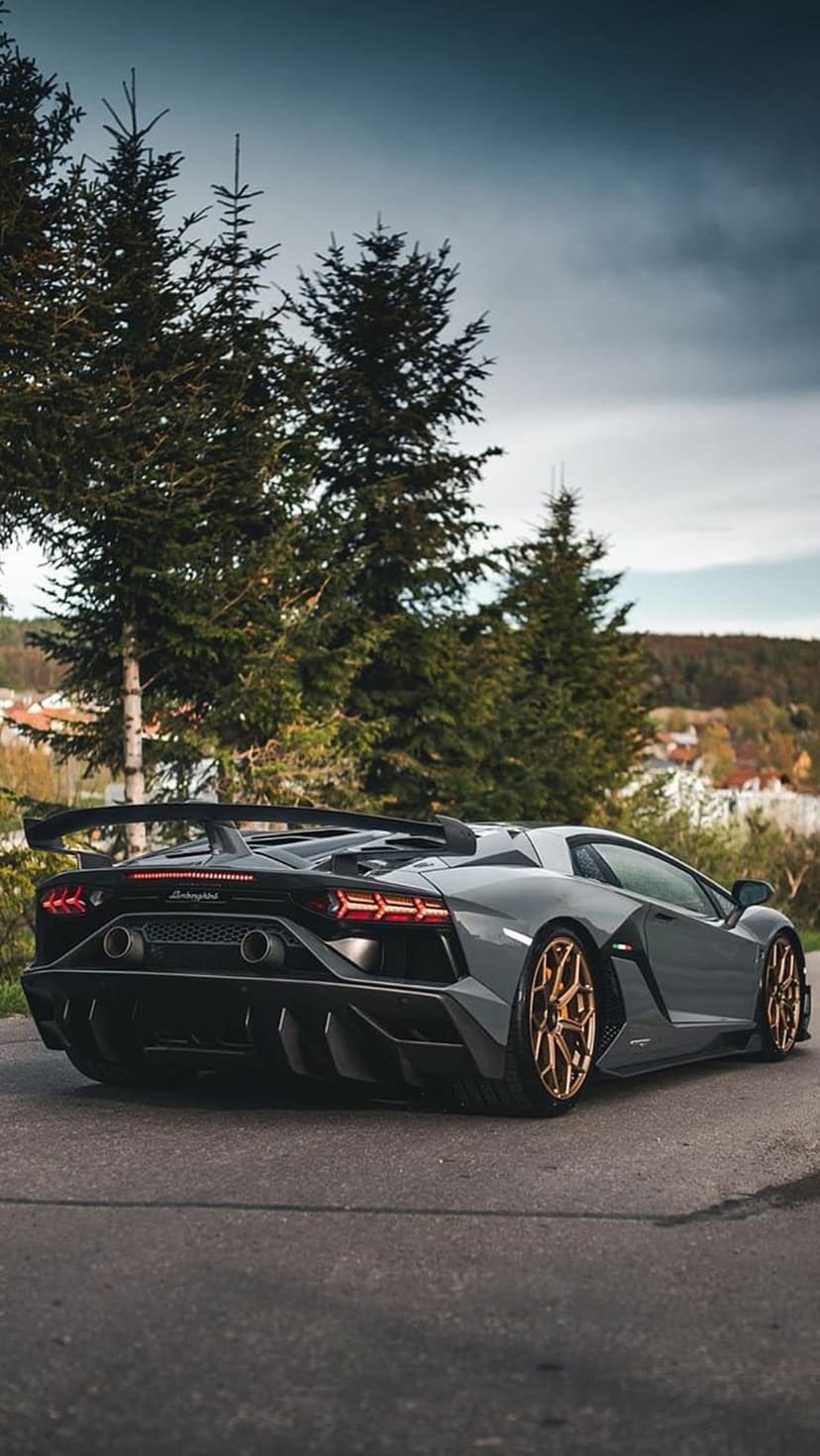 Rear view of a gray Lamborghini Aventador SVJ with gold wheels parked on a paved road lined with green trees.