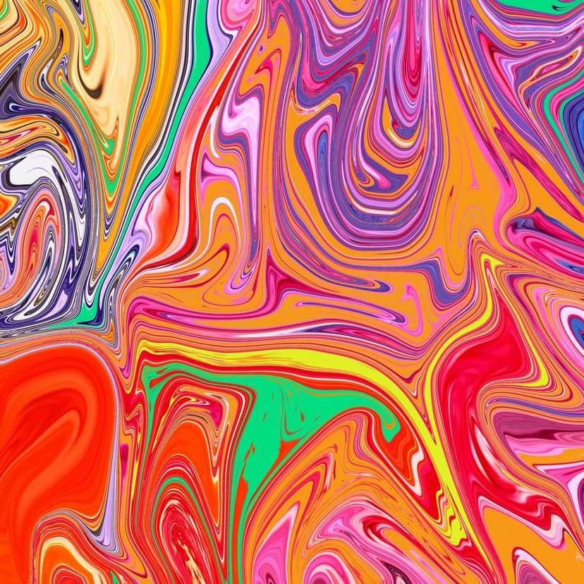 Overlapping swirls of orange, pink, and purple liquid colors create a dense, energetic vertical marble pattern.