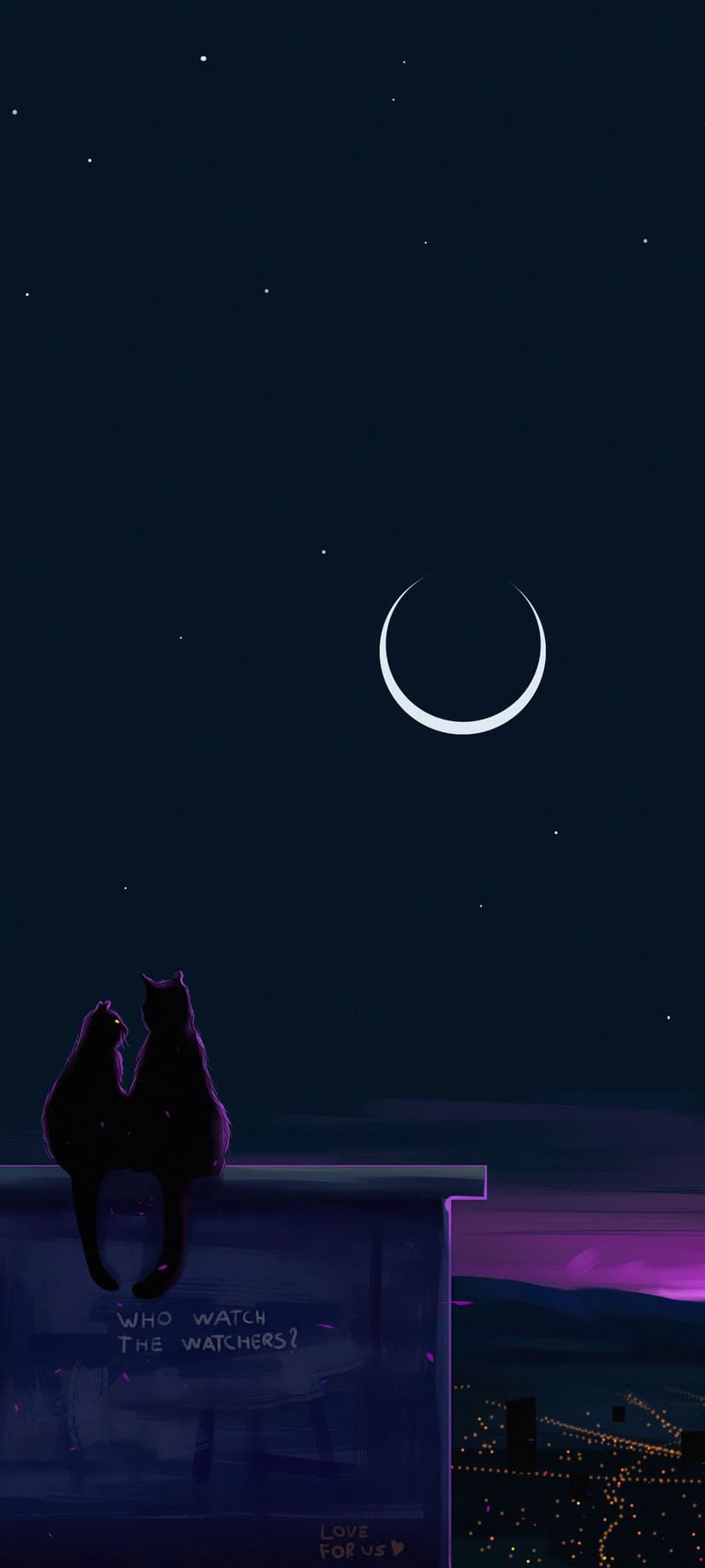 Two black cats sit on a graffiti rooftop under a crescent moon and purple night sky with distant city lights.