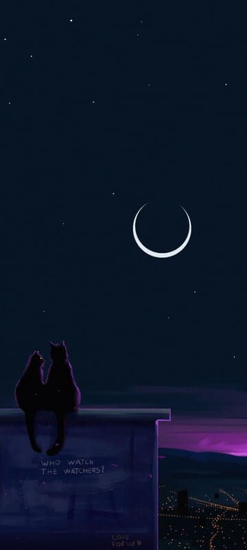Cats on a Rooftop Under the Crescent Moon