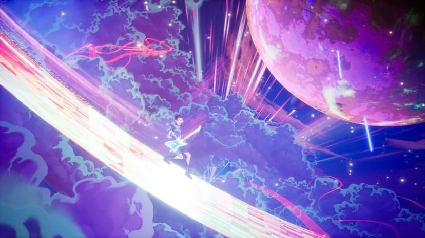 Character playing a glowing guitar on a rainbow light path through a purple nebula and cosmic space.