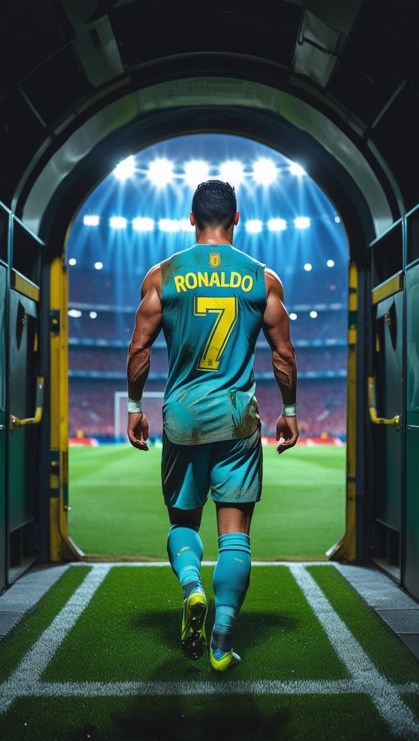 Cristiano Ronaldo in a blue and yellow number 7 jersey walks through a stadium tunnel toward a bright green pitch.