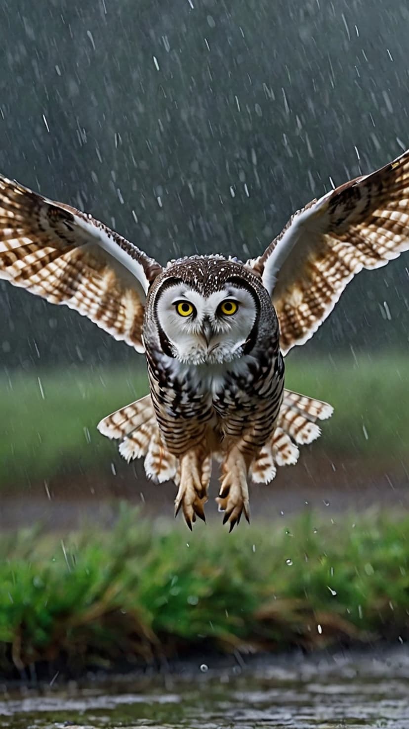 Owl with spread wings and yellow eyes flies through falling rain over a blurred green and dark ground.