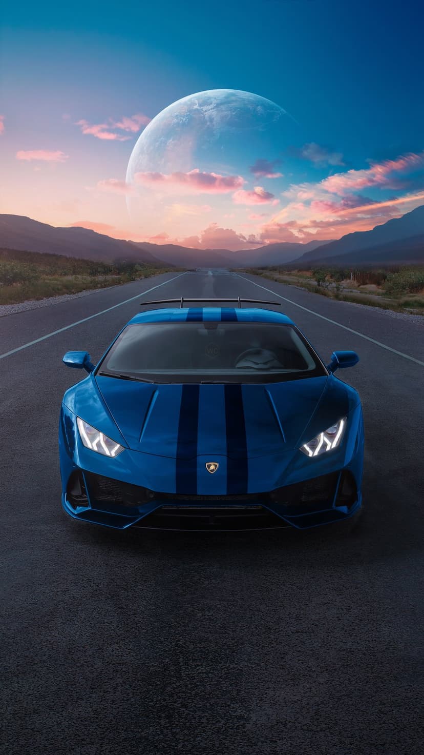 Blue Lamborghini with racing stripes driving on a desert road toward a giant moon under a purple twilight sky