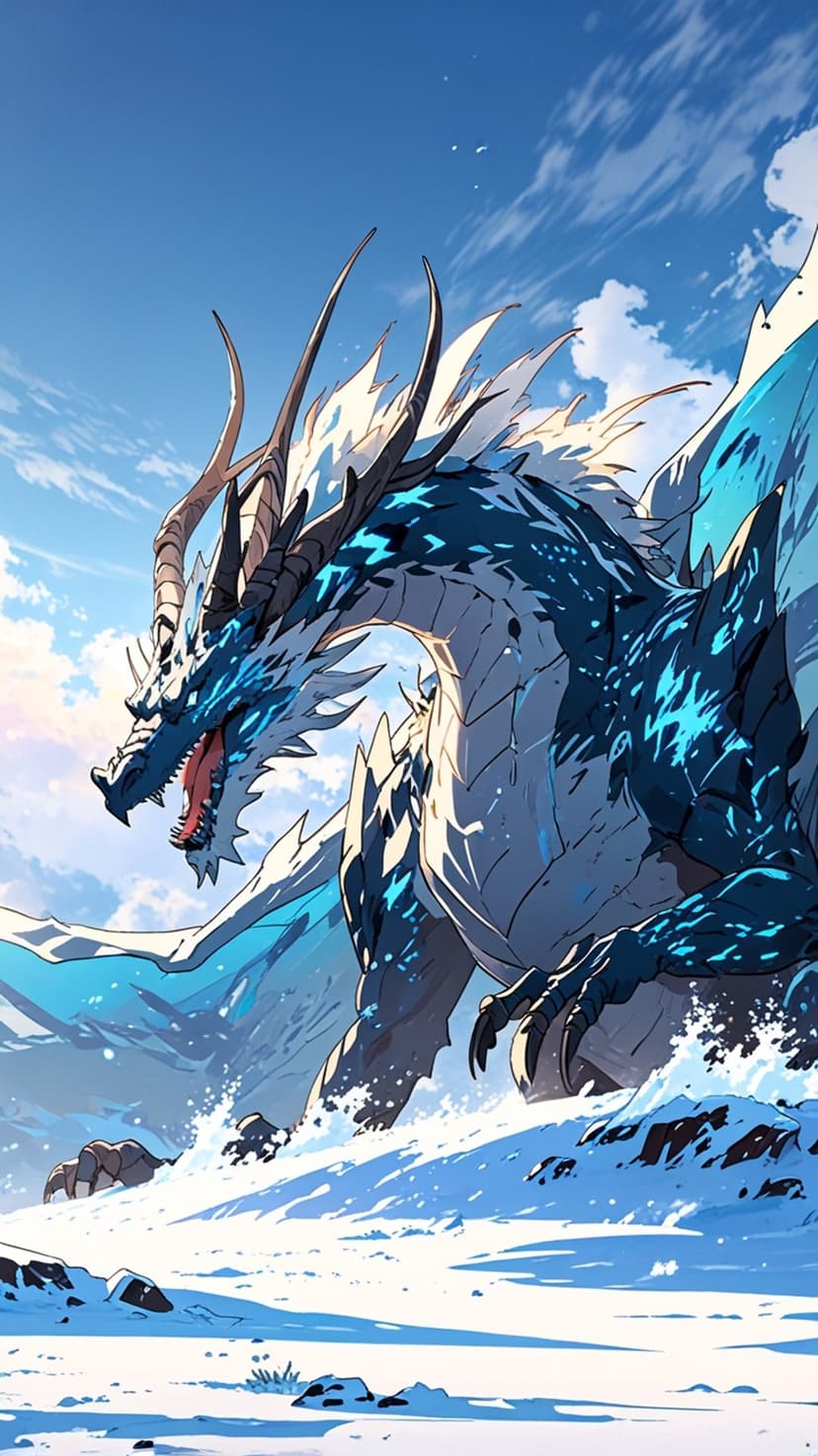 Blue frost dragon with glowing scales roars in a snow-covered valley under a bright, cloud-filled winter sky.