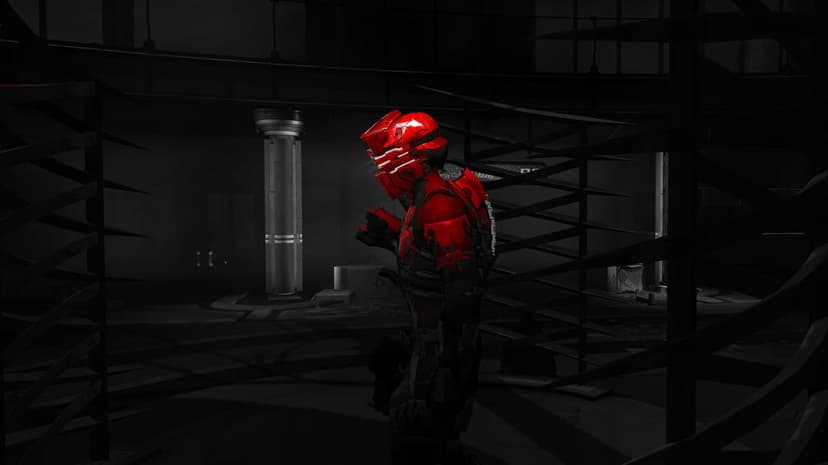 Sci-fi character in vibrant red robotic armor standing in a dark, grayscale industrial hallway with soft lighting.