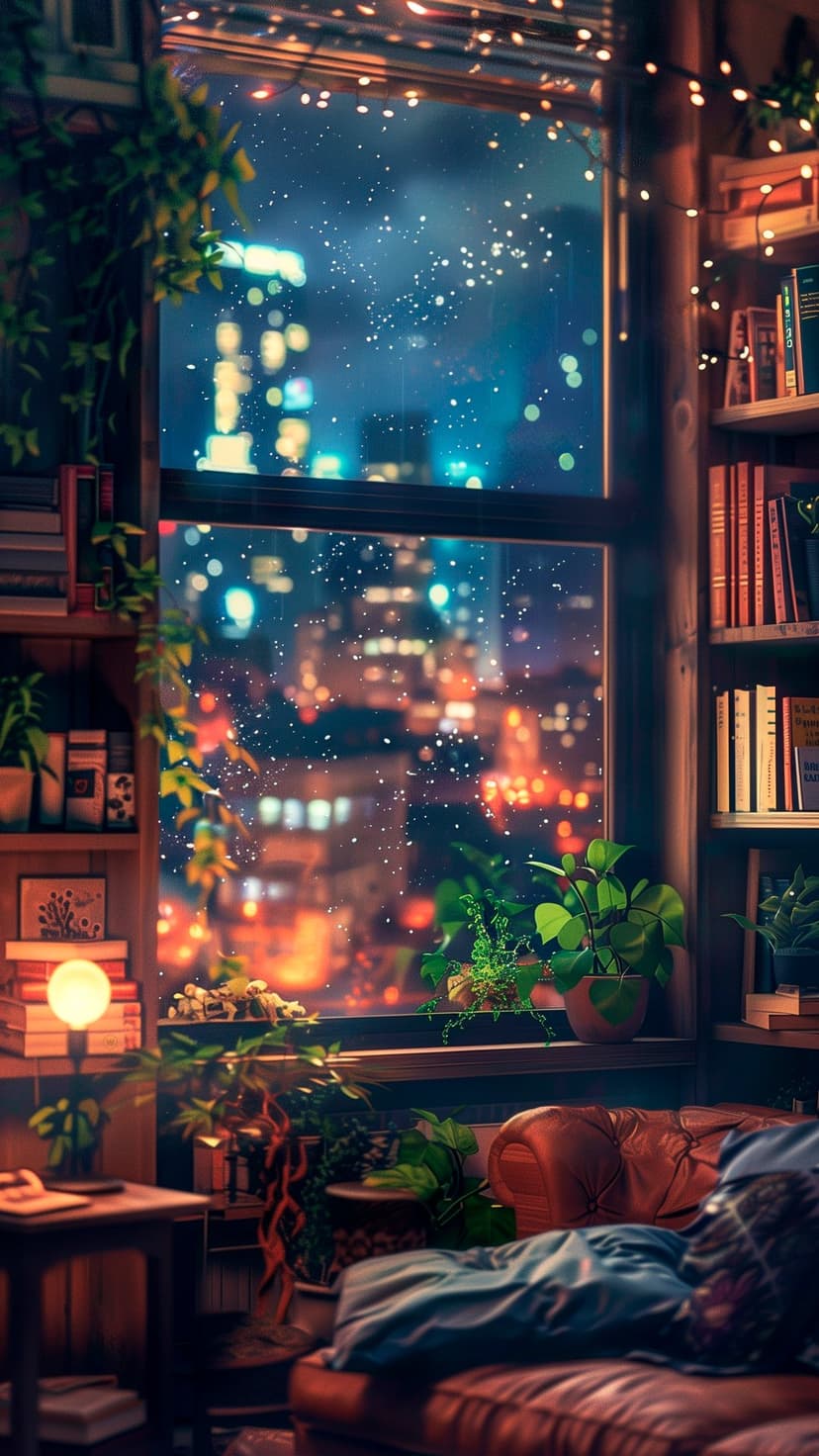 Leather sofa and bookshelves sit beside a large window overlooking a glowing night city with warm string lights.