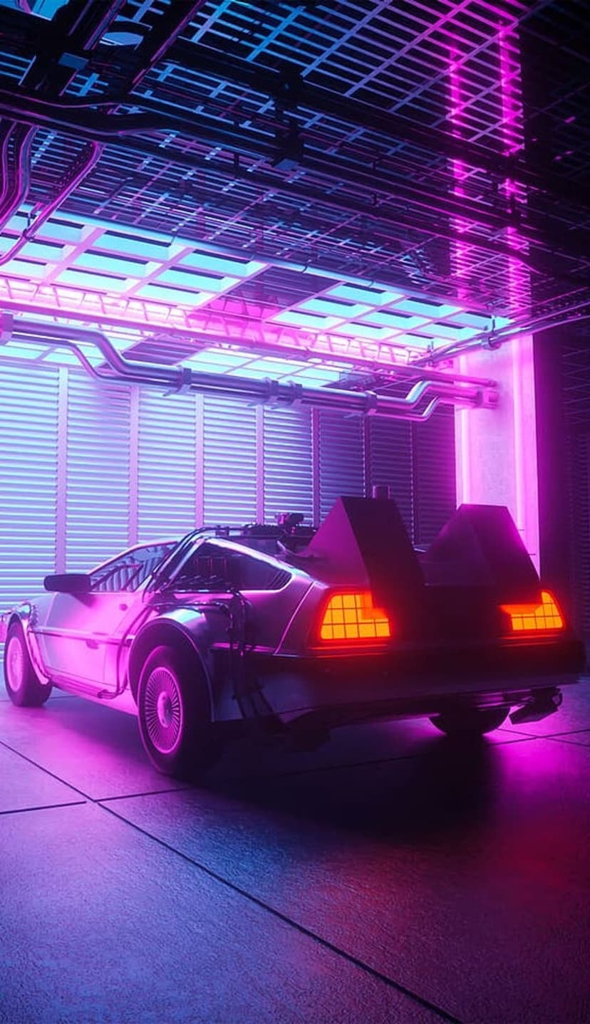 DeLorean DMC-12 parked in a garage with pink and blue neon lights reflecting on its polished metallic surface.