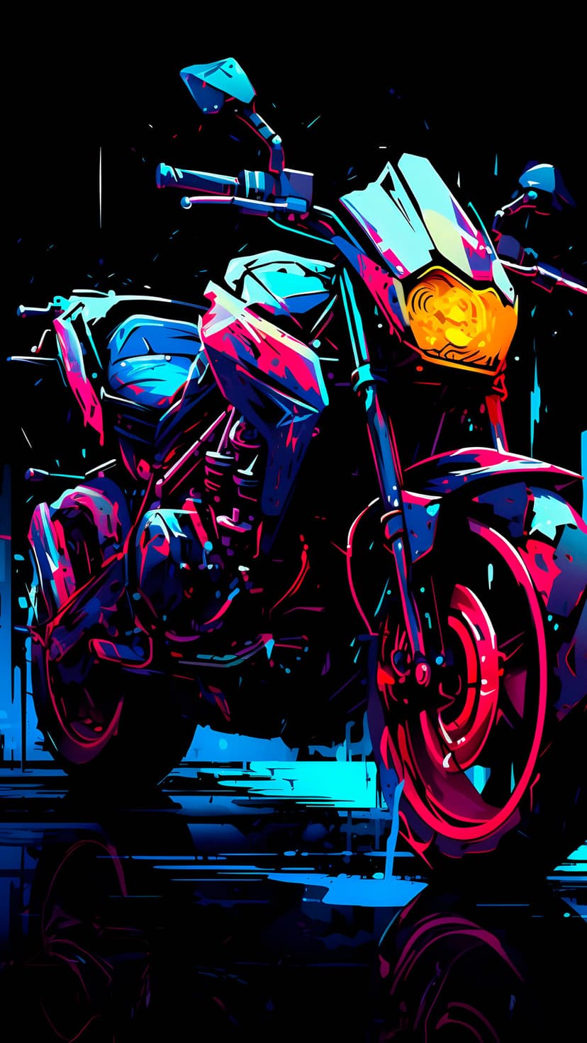 Sportbike with neon pink and blue light outlines features sharp geometric accents and a glowing yellow engine core.