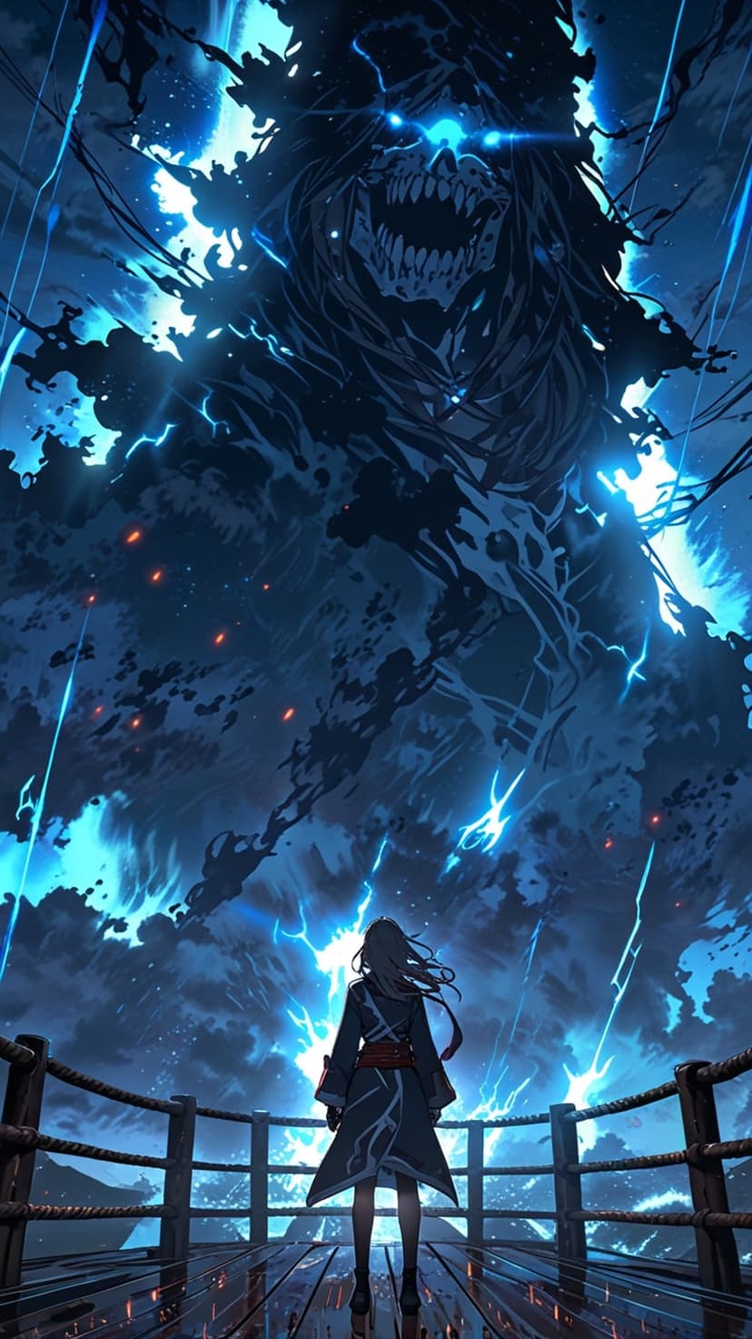 A young woman faces a massive skeletal monster with glowing blue eyes amidst a raging electric lightning storm.