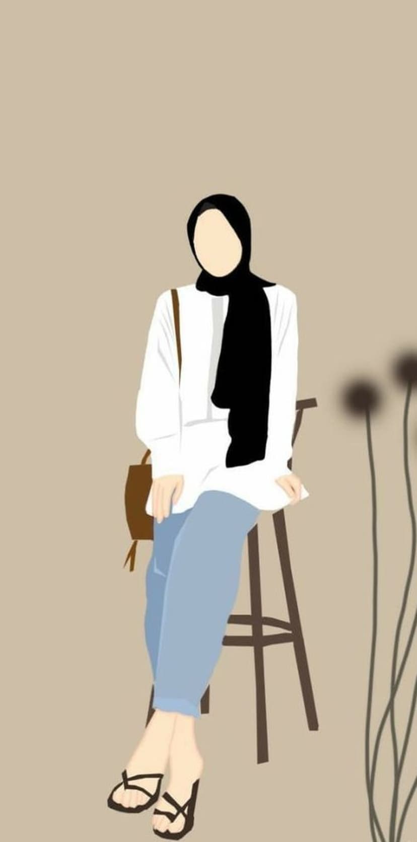 Woman wearing a black hijab and white shirt sits on a wooden stool with a bag against a soft beige backdrop.