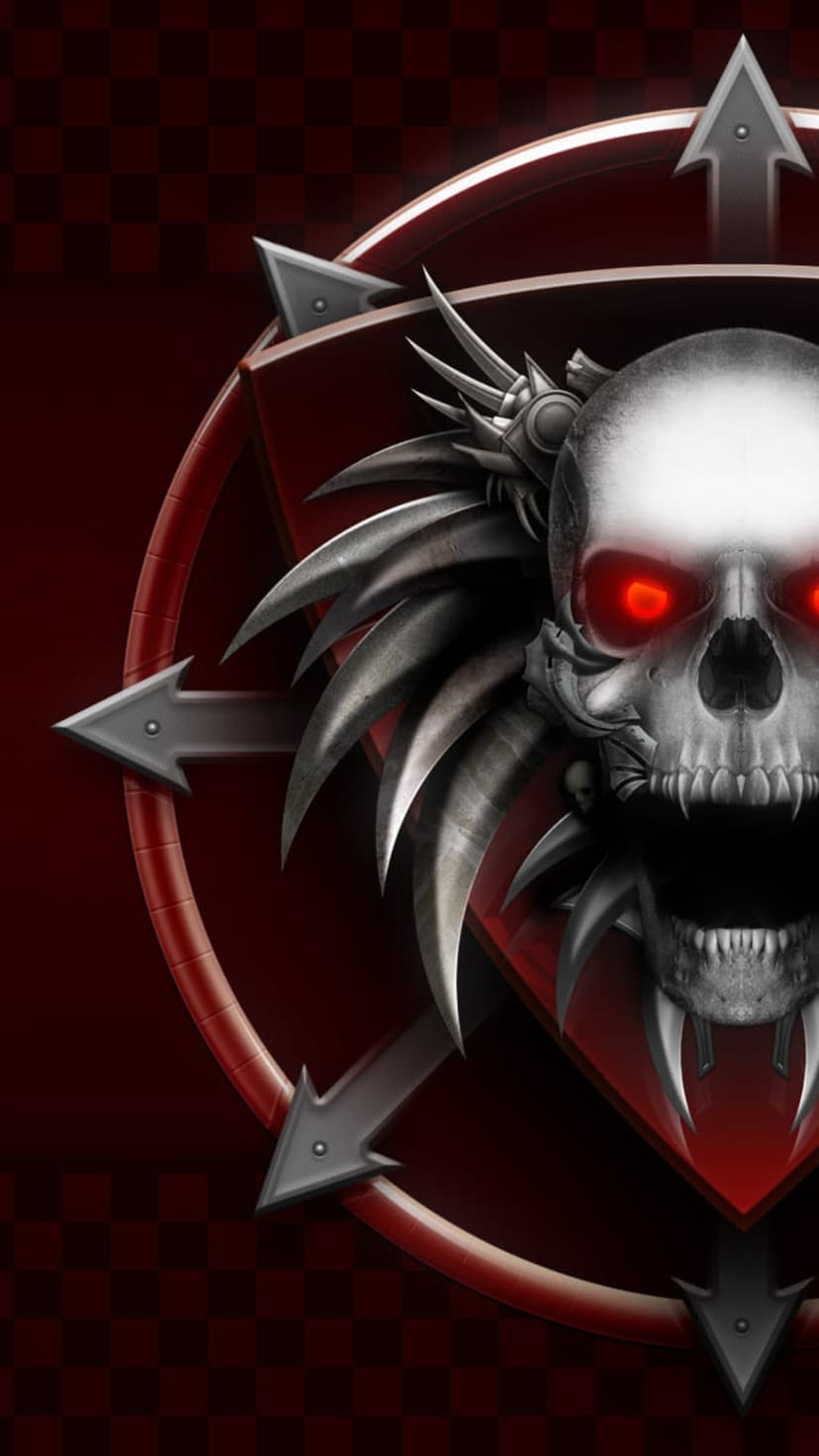 Metallic skull with glowing red eyes centered in a red chaos star against a dark checkered backdrop.