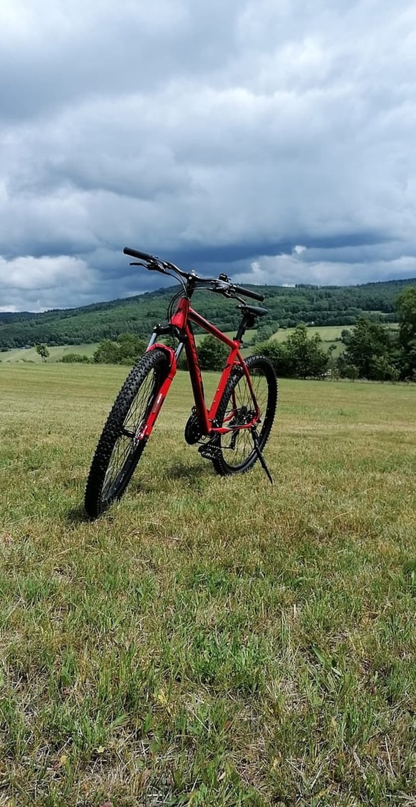 Red mountain bike with knobby tires parked in a vast green meadow beneath a dramatic, overcast sky with far hills.