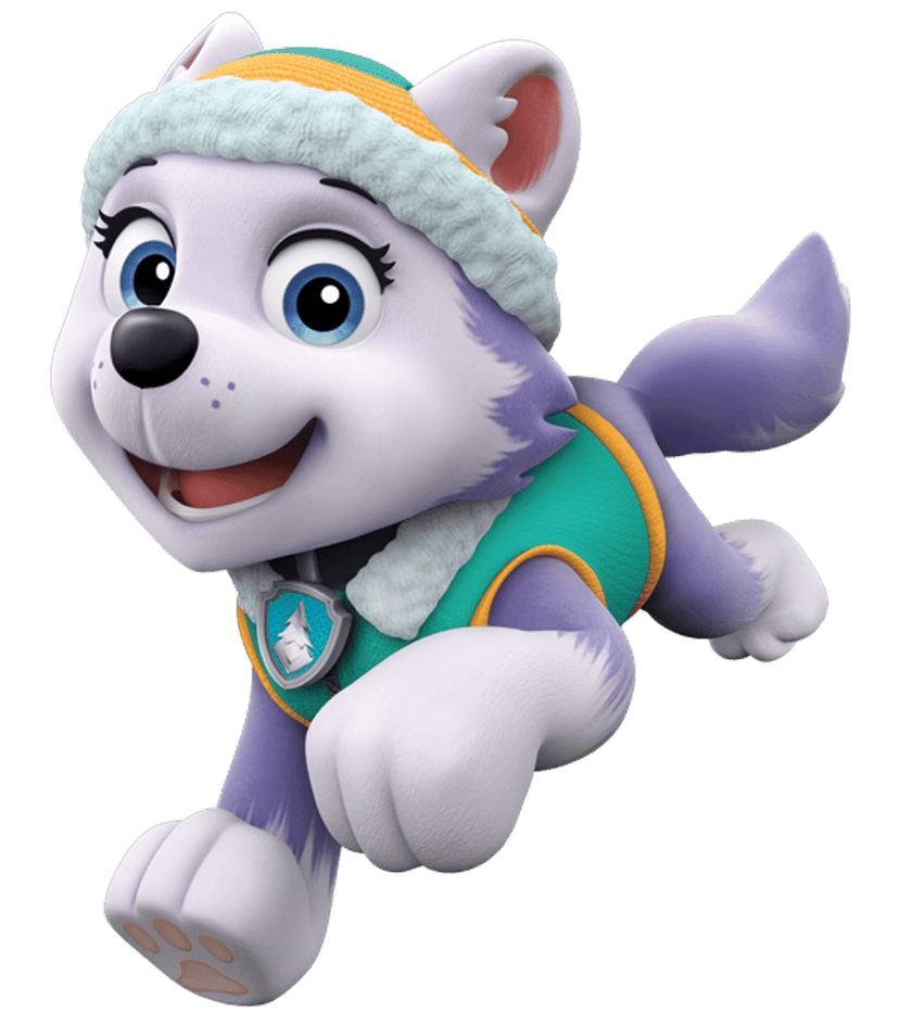 Everest Siberian Husky illustration wearing a lavender winter vest and orange knit hat against a clear background.