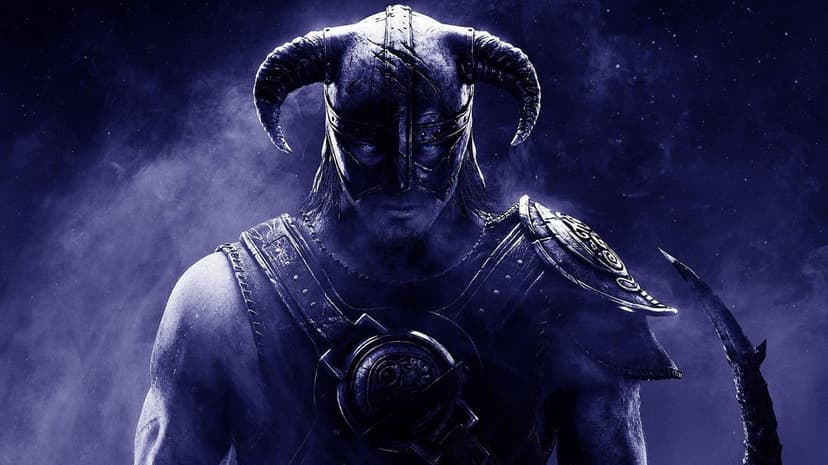Warrior in a horned iron helmet with glowing blue eyes centered against a misty purple and indigo background.
