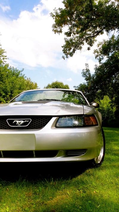 Silver Ford Mustang parked on green grass, blue sky