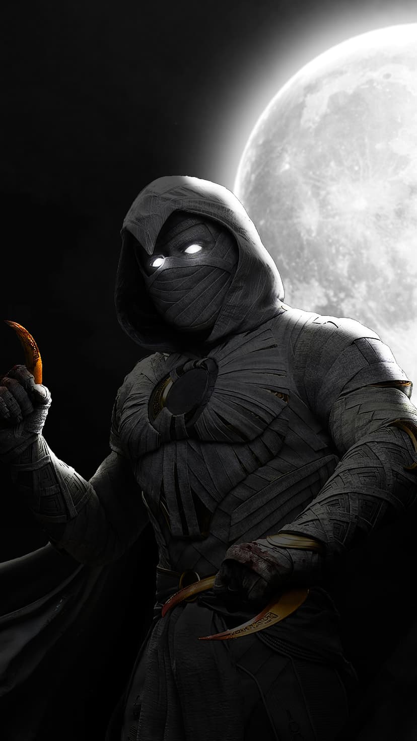 Moon Knight wields twin crescent darts in a dynamic pose with a massive glowing moon in the dark night sky.