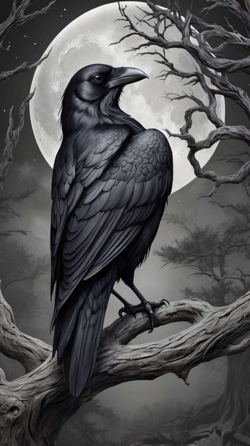 Black raven perched on a twisted tree branch with a large, glowing full moon in a grayscale night sky backdrop.