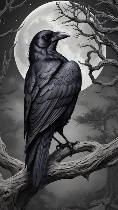 Mysterious Raven Sits on a Branch Under the Full Moon