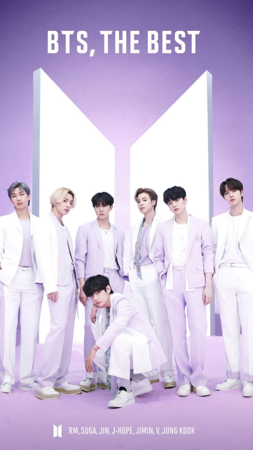 BTS members RM, Jin, Suga, J-Hope, Jimin, V, and Jungkook standing in pastel suits against a purple background.