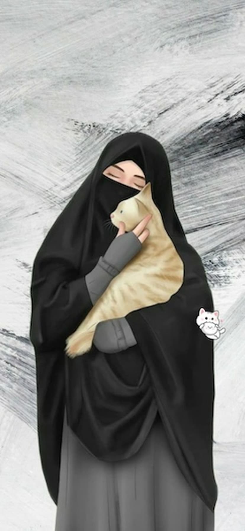 Woman in a black niqab holds a sleeping orange tabby cat against a textured black and white abstract background.