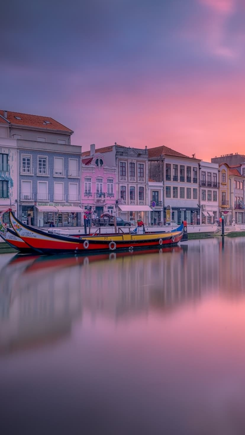 Colorful Moliceiro boats rest on a still canal reflecting pastel buildings beneath a vibrant pink sunset sky.
