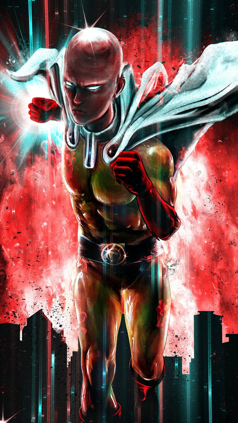 Saitama with glowing white eyes hovers amid red and blue energy bursts above a dark metropolitan city skyline.